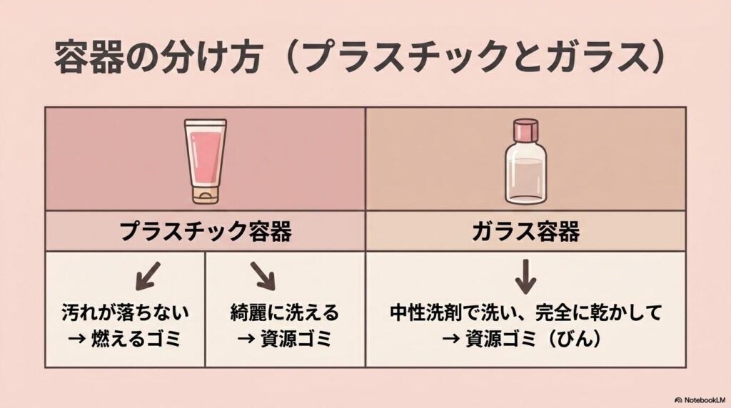プラスチックとガラスそれぞれの容器について、汚れの程度に応じた分別の基準を説明しています。
