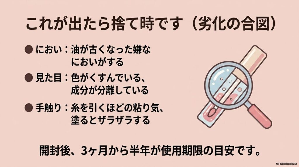 においや見た目、手触りの変化といったリップグロスの劣化のサインと使用期限の目安を解説しています。