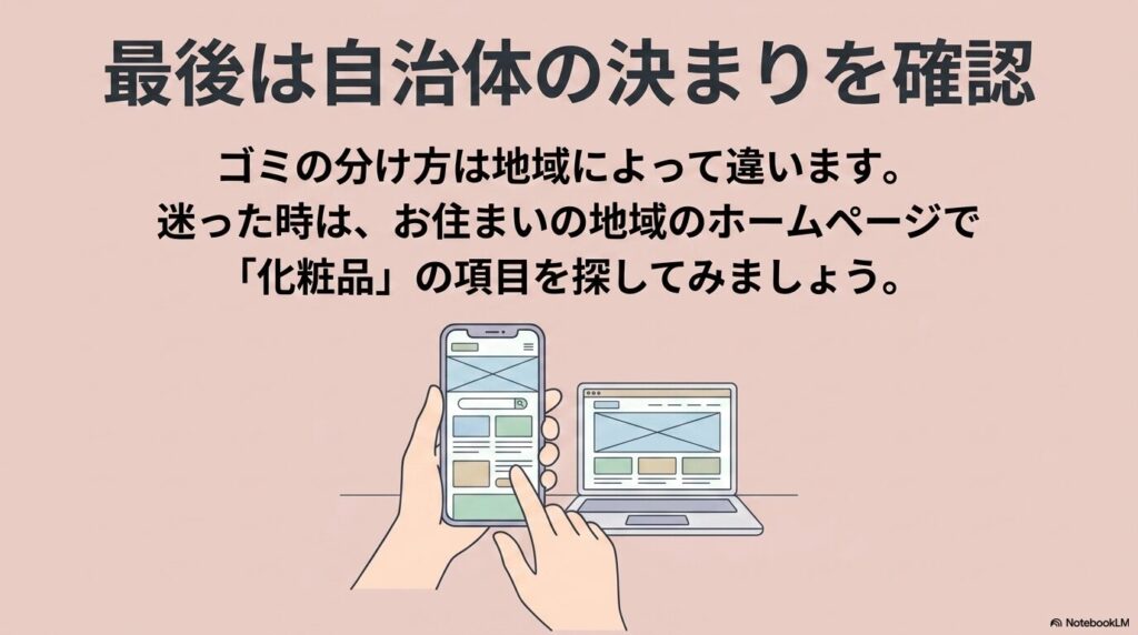 ゴミの分別ルールは地域ごとに異なるため、自治体の公式ホームページで確認することを推奨しています。