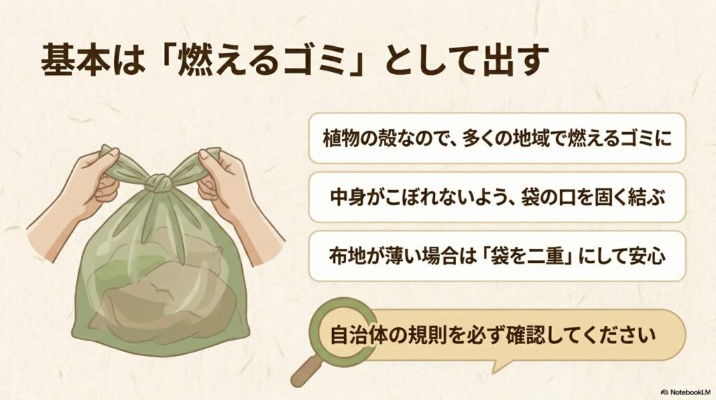そばがら枕を「燃えるゴミ」として出す際の手順と、自治体の規則確認の重要性。