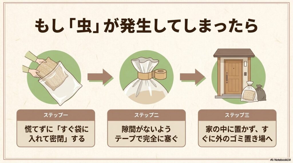 枕に虫が発生した際の、迅速な袋詰めと密封、屋外への廃棄の3ステップ。