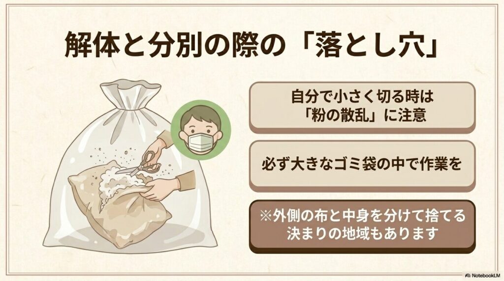 枕を解体する際に粉が散乱するのを防ぐため、袋の中で作業を行う注意点。