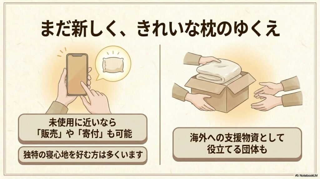未使用に近い枕を、フリマアプリでの販売や寄付、海外支援に活用する方法。