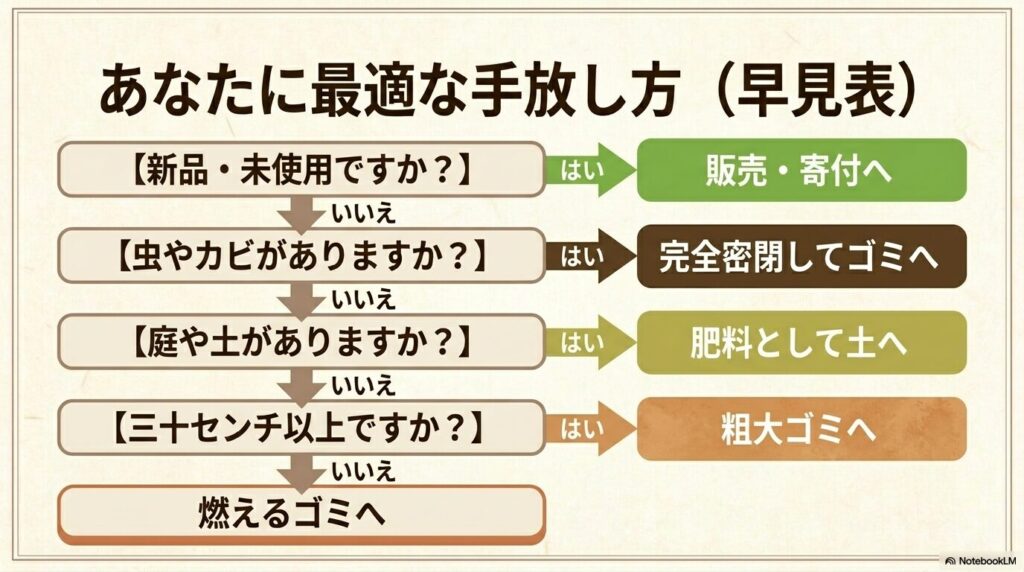 枕の状態や大きさから、最適な処分・再利用方法を判断できる早見チャート。