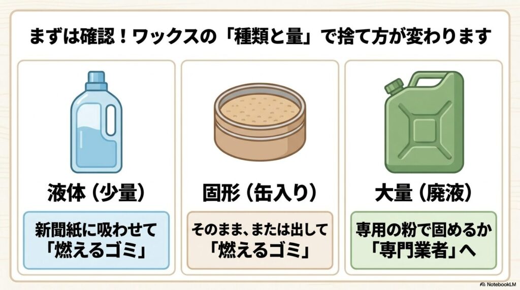 ワックスの種類（液体・固形・大量）に応じた、適切なゴミ出し方法の分類表。