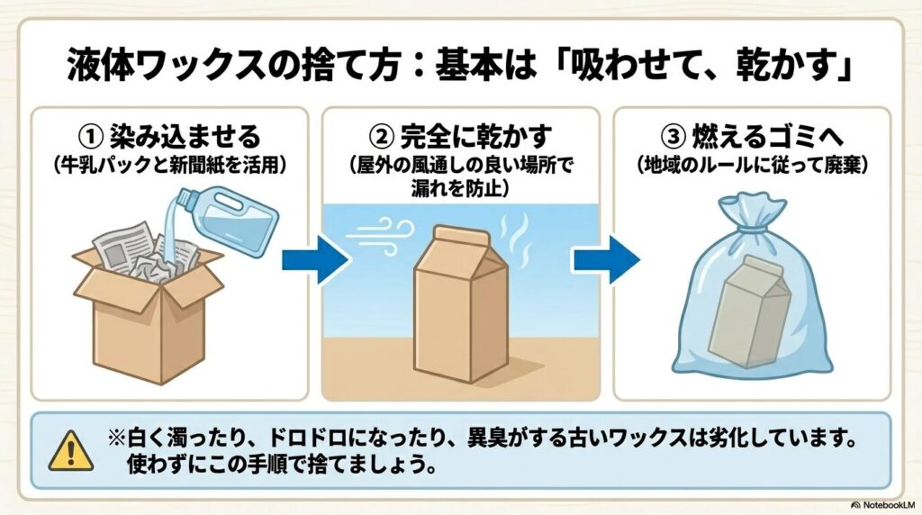 液体ワックスを新聞紙に吸わせ、乾かしてから燃えるゴミに出す3ステップの手順。