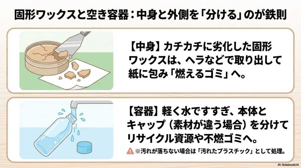 固形ワックスの中身と空き容器を、適切に分別して処分する方法についての説明。