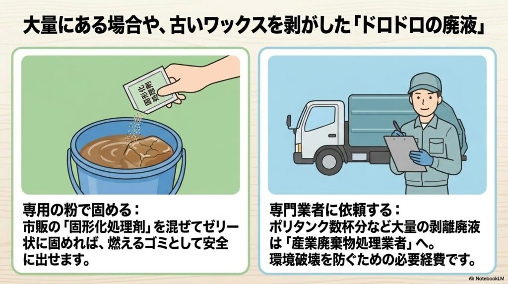 大量の廃液を固形化剤で固めて捨てる方法、または産業廃棄物業者に依頼する方法。