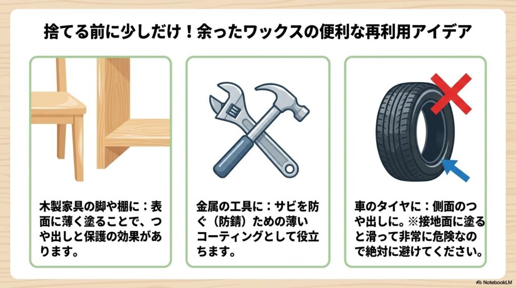 木製家具、金属工具、車のタイヤ側面への、余ったワックスの再利用アイデア。