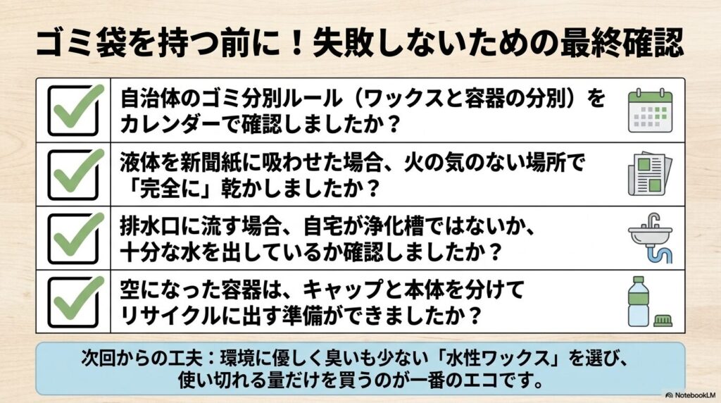 処分前の最終確認チェックリストと、環境に配慮した今後のワックス選びのアドバイス。