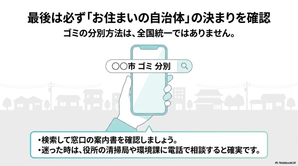ゴミの分別方法は自治体により異なるため、検索や電話で詳細を確認することを推奨しています。