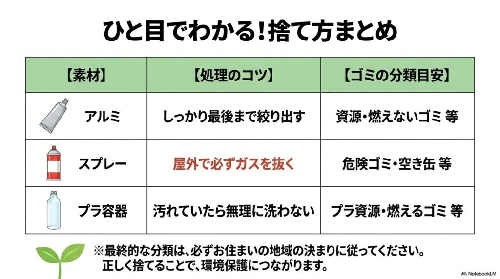 アルミ、スプレー、プラ容器それぞれの処理のコツとゴミの分類目安をまとめた比較表です。