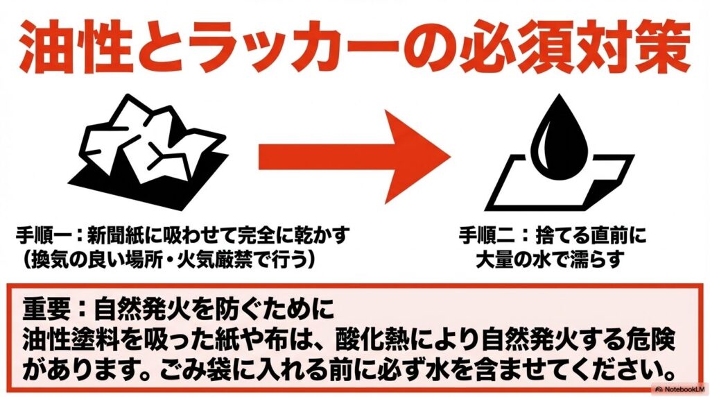 油性塗料を吸わせた紙が酸化熱で発火するのを防ぐため、捨てる直前に水で濡らす手順を説明しています。