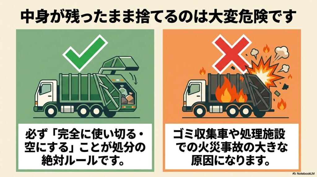 ガス缶を中身が残ったまま捨てる危険性と、完全に使い切るという処分の絶対ルールを収集車の火災事故の例と共に説明しています。
