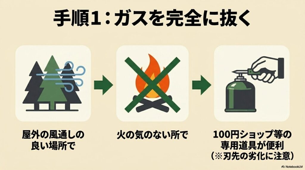 ガスを完全に抜くための手順1として、屋外の火の気がない場所で専用道具を使用する際の注意点をイラストで紹介しています。