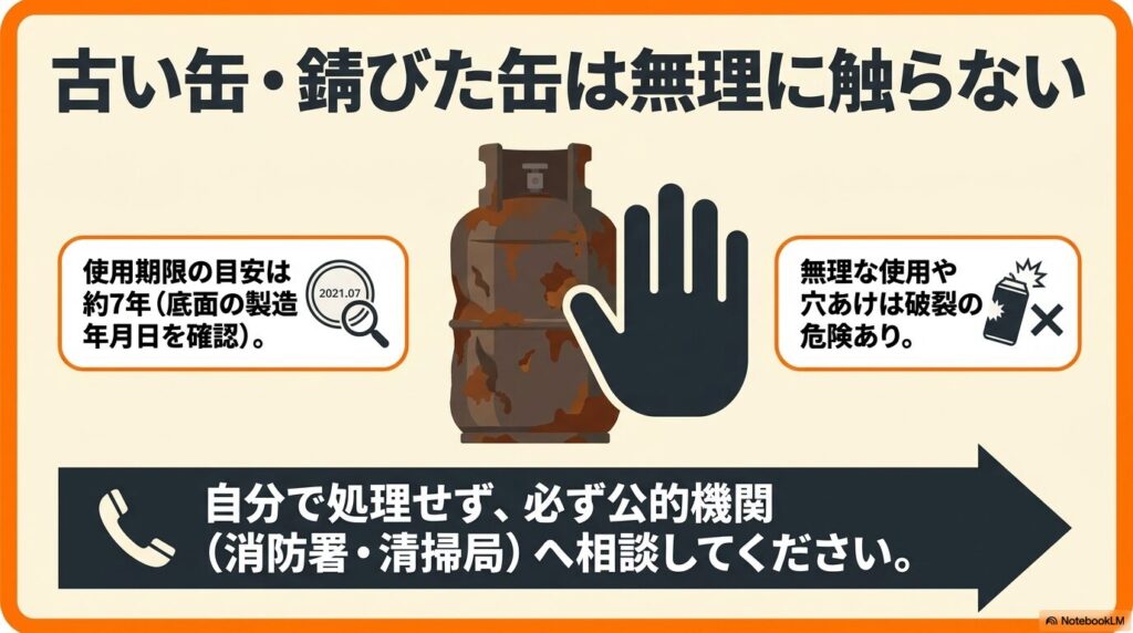 古い缶や錆びた缶の取り扱いに関する注意点と、自分で処理せず消防署や清掃局などの公的機関に相談することを推奨しています。
