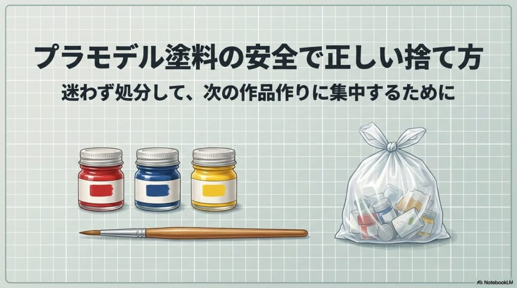 古いプラモデル塗料の正しい捨て方と安全な手順を解説したガイドの表紙画像です