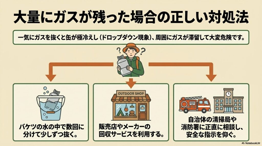 大量にガスが残った場合の対処法として、少しずつ抜く方法や販売店の回収、公的機関への相談といった3つの選択肢を提示しています。