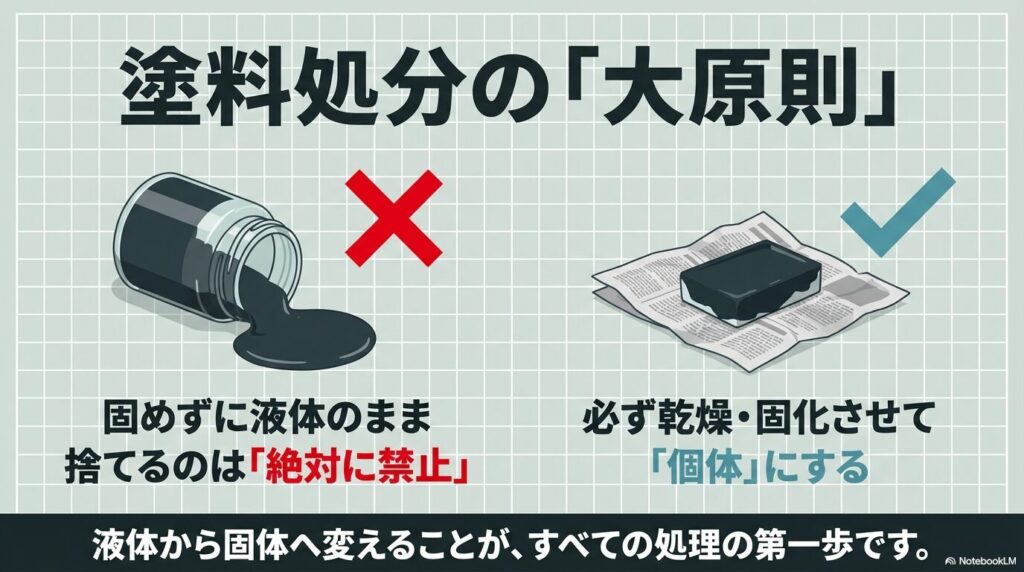 塗料を捨てる前に確認すべき、種類を知る、完全に乾かす、自治体に従うという3つの基本ルールです