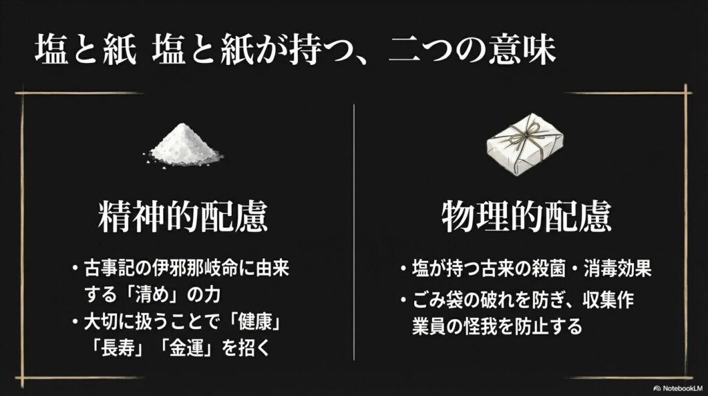 ゴミ袋の破損や収集員の怪我を防ぐため、厚手の紙や牛乳パックで先端を包む作法を説明するスライド