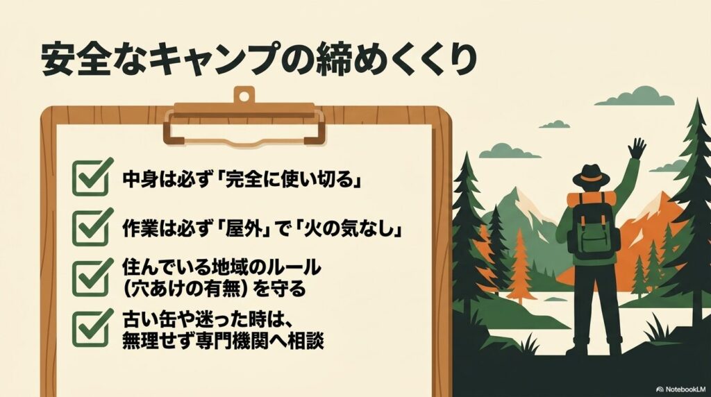 ガス缶処分の重要ポイントをまとめた最終チェックリストと、安全にキャンプを終えることを促すメッセージです。