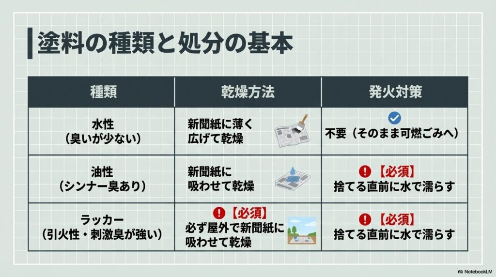 水性、油性、ラッカー塗料それぞれの性質の違いと、乾燥・固化などの捨て方をまとめた比較表です。