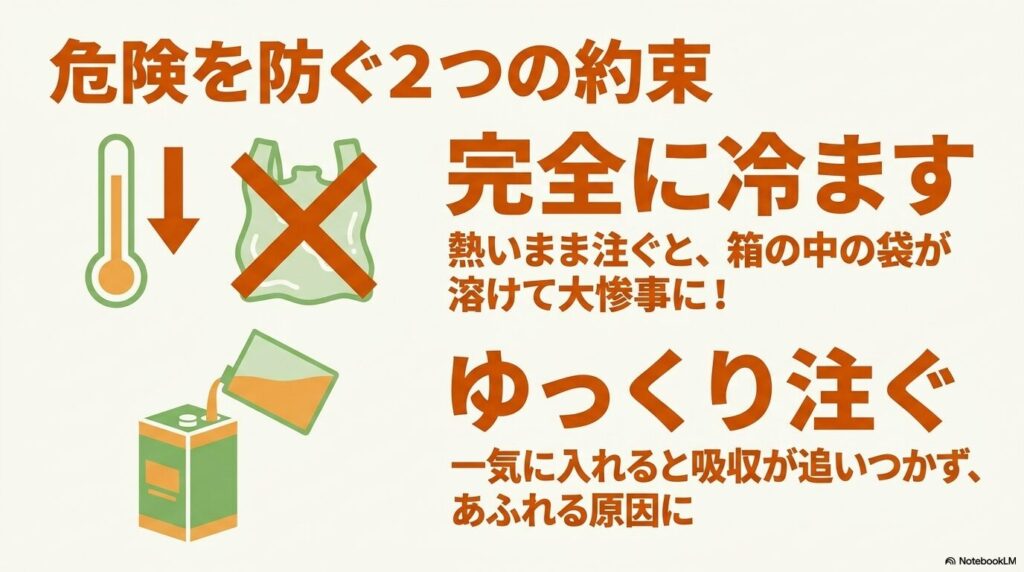 安全に処理するための2つのポイントとして、油を完全に冷ますことと、ゆっくり注ぐことの重要性を説明。