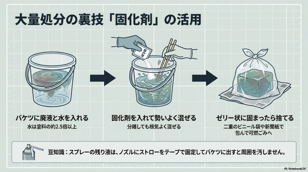 バケツに廃液と水を入れ、固化剤を混ぜてゼリー状に固めてから可燃ごみに出すまでの流れを図解しています。
