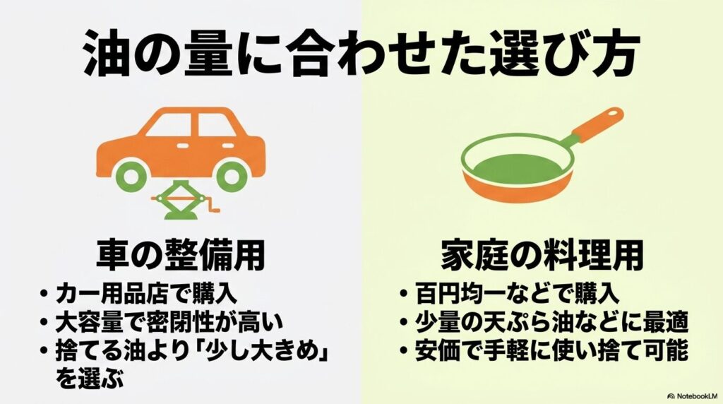 車の整備用と家庭の料理用、それぞれの油の量に合わせた処理箱の選び方と特徴を比較しています。