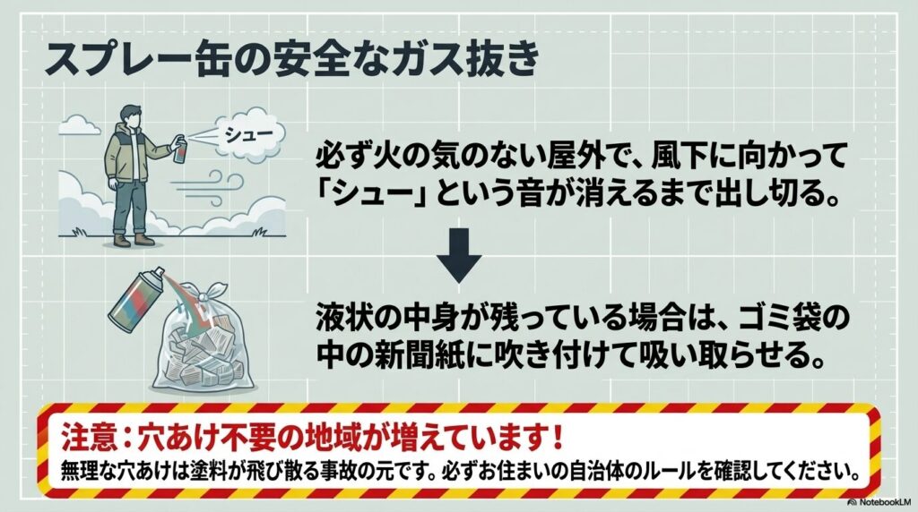 火気のない屋外でのガス抜き方法と、自治体による穴あけルールの確認について解説した手順書です。