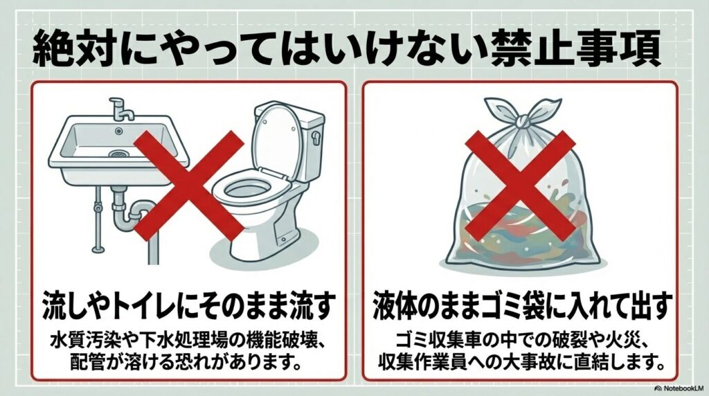 排水溝への流し込みや液体のままの廃棄が、環境汚染や火災事故に繋がることを警告するスライドです。