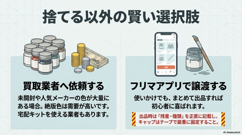 未開封品や人気色を専門業者に買い取ってもらったり、フリマアプリで必要としている人に譲ったりする方法の紹介です。