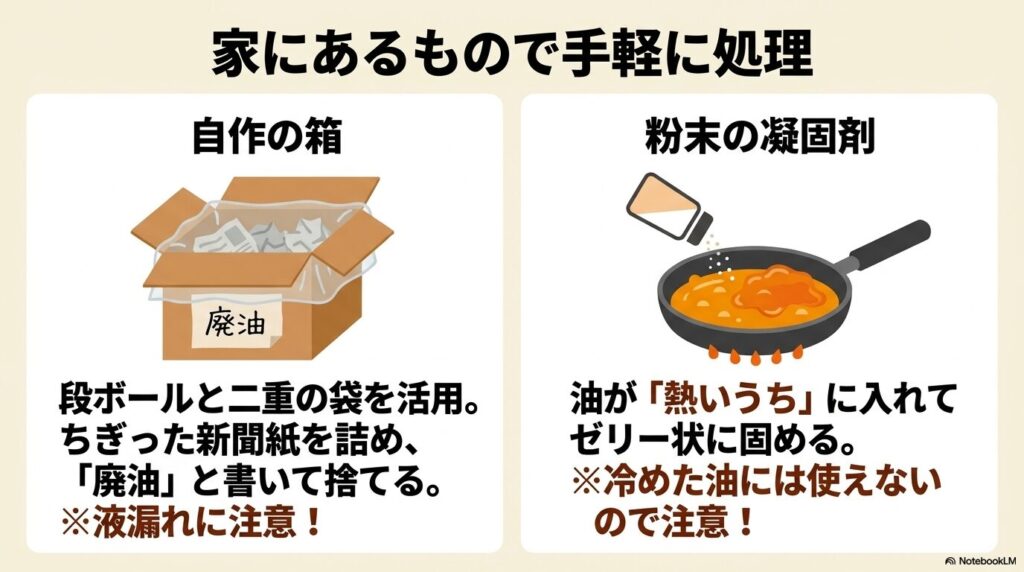 家庭にある段ボールや新聞紙を使った自作の箱での処理方法と、粉末の凝固剤を使用する際の注意点を説明。