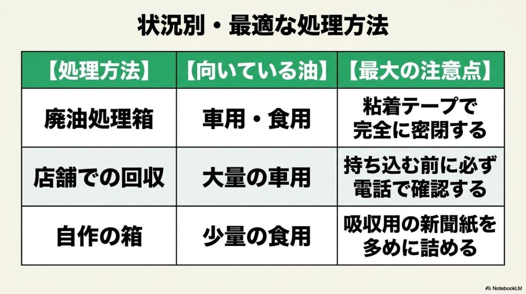 廃油処理箱、店舗回収、自作の箱の3つの処理方法について、適した油の種類と注意点をまとめた比較表。
