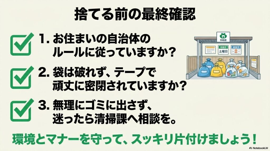 廃油を捨てる前の最終確認として、自治体ルール、密閉状態、相談先についての3つのチェック項目を提示。