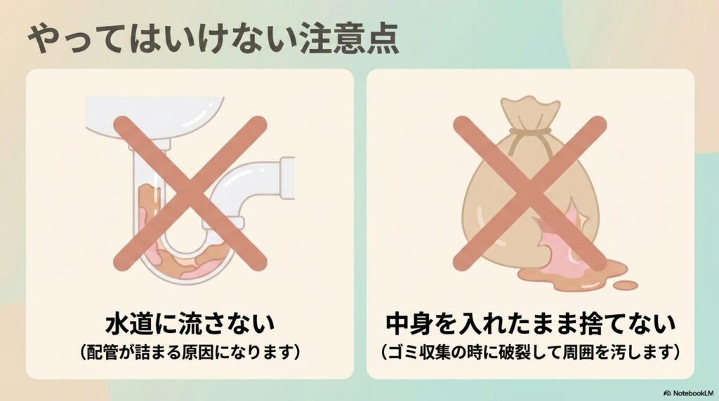 配管の詰まりやゴミ収集時の汚損を防ぐため、水道に流さないことや中身を入れたまま捨てないことなどの禁止事項を挙げています。