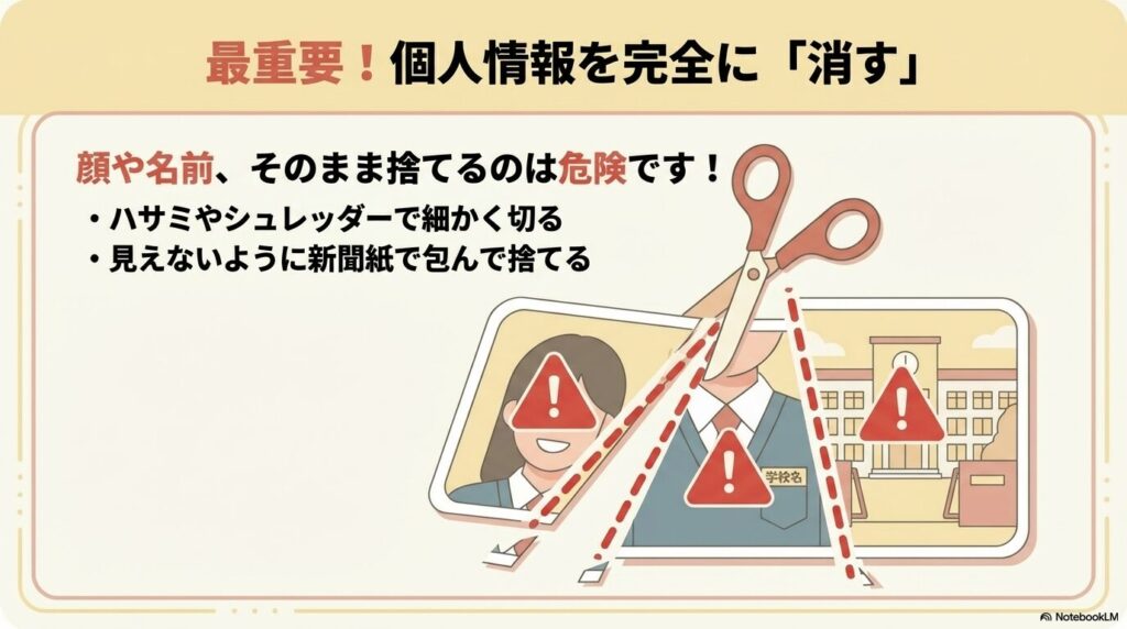プリクラの顔や名前、学校名をハサミやシュレッダーで細かく切り、個人情報を完全に消す方法の図解
