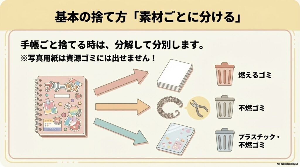プリ帳を紙、リング（金属）、カバー（プラスチック）などの素材ごとに分解して分別する手順 