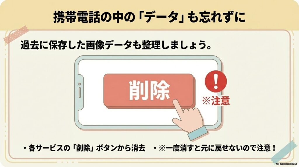 携帯電話内の画像データを削除する際の操作イメージと、復元できないことへの注意喚起