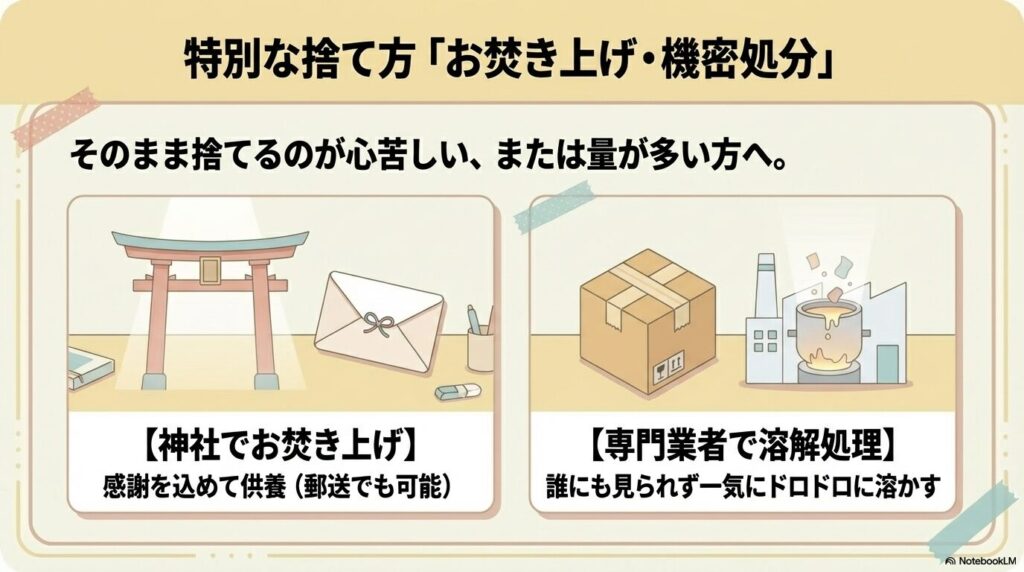 神社での感謝を込めたお焚き上げ供養や、専門業者による溶解処理サービスの紹介