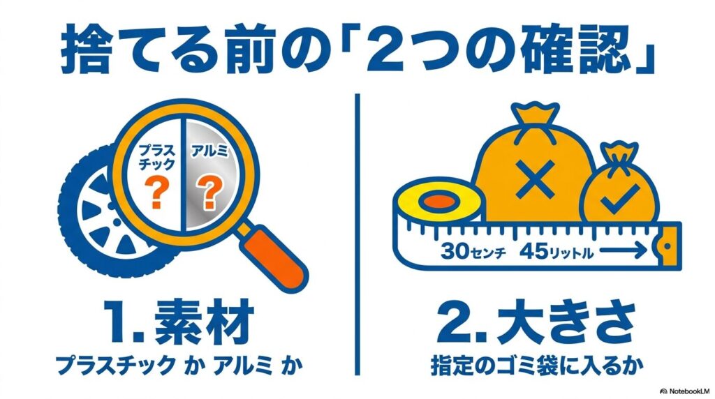 ホイールカバーを捨てる前に確認すべき「素材」と「大きさ」の2つのポイントについての説明。