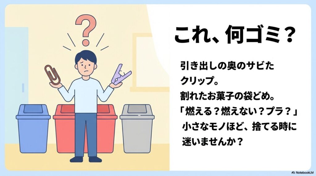 ゴミ箱の前でクリップの分別に迷っている男性のイラスト