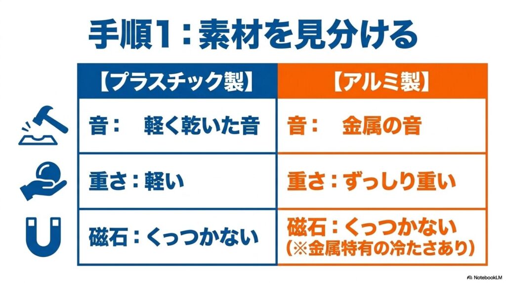 素材がプラスチック製かアルミ製かを見分けるための、音、重さ、磁石の反応の比較表。