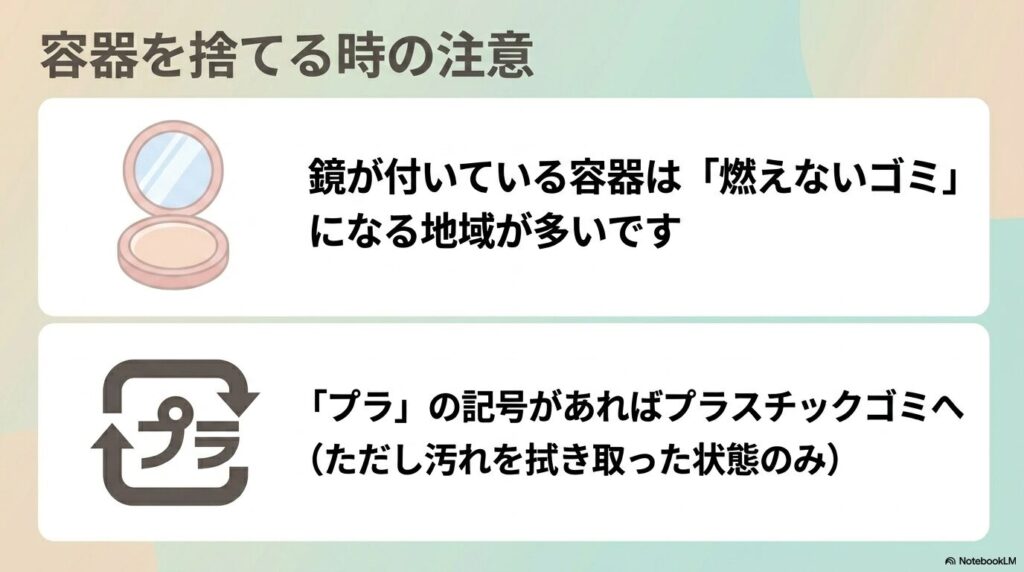 容器を捨てる際の注意として、鏡付き容器の分別区分や、プラスチックゴミとして出す際の汚れの拭き取りについて説明しています。