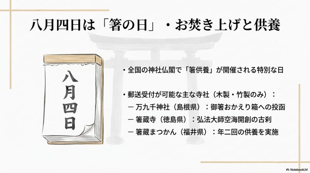 8月4日の箸の日と、全国の神社やお寺で行われる箸供養やお焚き上げについての案内スライド