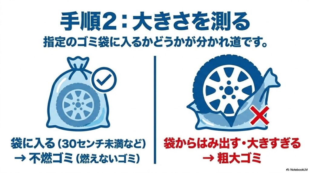 サイズによって不燃ゴミか粗大ゴミに分類されることを説明する、ゴミ袋のイラスト付き図解。