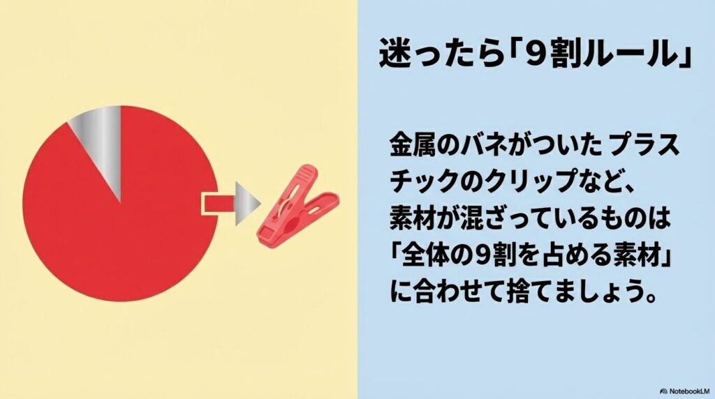 複数の素材が混ざっているゴミは全体の9割を占める素材に合わせて捨てるルールの解説