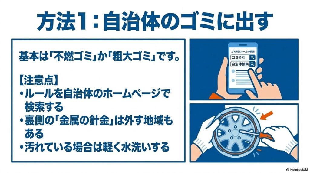 自治体のゴミとして出す際の基本ルールと、検索方法や部品の取り外しなどの注意点。
