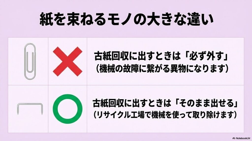 古紙回収時に必ず外す必要があるクリップと、そのまま出せるホッチキス針の比較