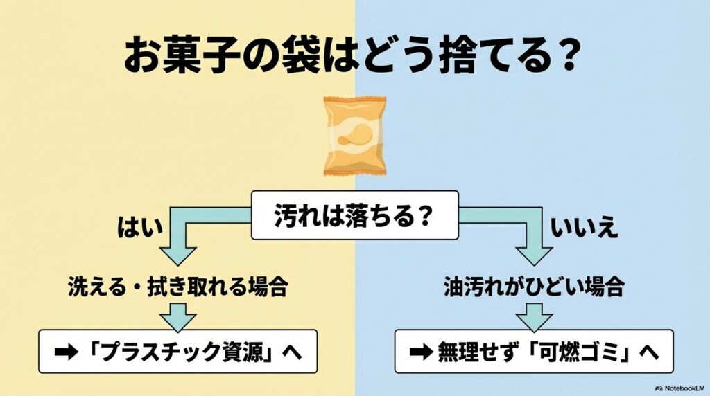 汚れが落ちる場合はプラスチック資源、落ちない場合は可燃ゴミとなるフローチャート